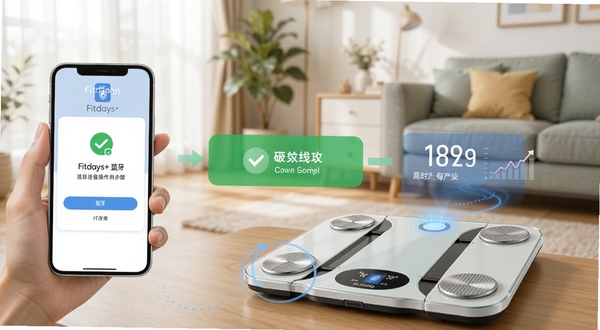 Fitdays+设备连接操作步骤示意图，画面展示手机屏幕与体脂秤蓝牙配对界面，背景为居家环境，光线明亮，突出连接成功提示与数据同步动画，适配Boogu模型生成