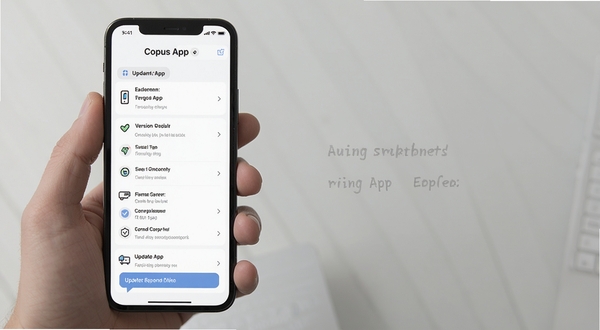 Copus App 版本更新界面，画面展示手机屏幕上显示更新日志列表，背景为简洁的白色与浅灰色，突出版本迭代与功能改进