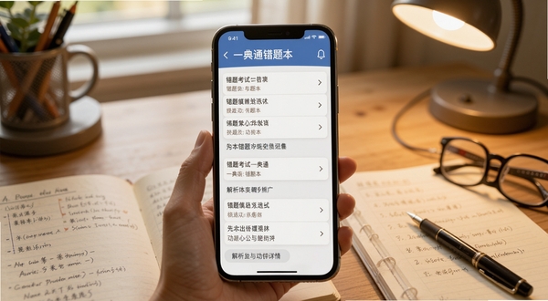 驾驶考试一典通错题本功能界面,手机屏幕展示错题列表与解析详情,背景为书桌与学习笔记元素,画面主体为手机与错题内容,风格温馨学习氛围,适配Boogu模型生成