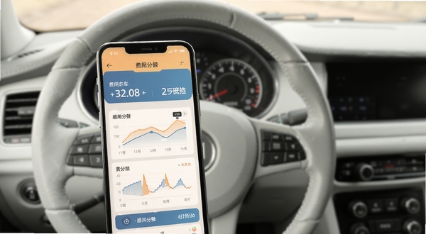 顺风车驾驶出行帮手应用界面特写,展示费用分摊页面,数字与图表清晰可见,背景为浅灰色驾驶舱视角,方向盘与仪表盘虚化处理,突出手机屏幕内容,整体色调温暖柔和