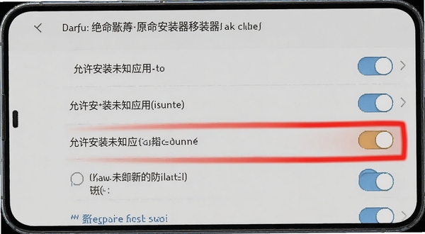 暗影骑士：绝命旅途原版安装器移动端安装设置界面，手机屏幕显示权限开关列表，其中“允许安装未知应用”开关被高亮标注为红色，背景为淡灰色，画面清晰易懂