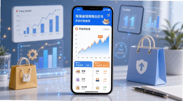 淘淘省钱购物比价与历史价格曲线界面，手机屏幕显示价格折线图和平台对比列表，背景有数据图表和购物袋元素，科技感与生活感结合