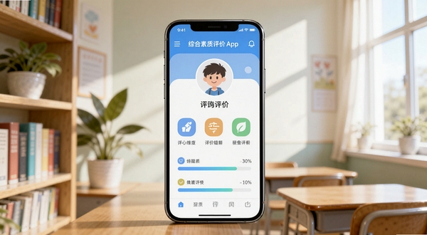 画面中心为一部智能手机，屏幕显示综合素质评价App的首页界面，包含学生头像、评价维度图标与进度条；背景为明亮的教室场景，左侧有书架与绿植，右侧有柔和光线透入，整体风格清新简洁，适配Boogu模型生成。