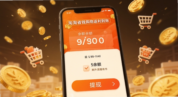 淘淘省钱购物返利到账页面，手机屏幕展示余额数字和提现按钮，背景有金币飘落和购物车图标，暖色调，细节清晰