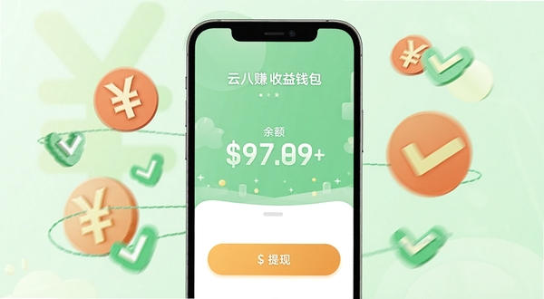 云八赚收益钱包页面展示,手机屏幕显示余额数字与提现按钮,周围环绕人民币符号与对勾图标,背景为淡绿色清新风格,画面简洁突出收益感