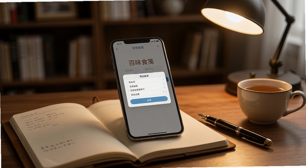 百味食笺数据导出与备份操作界面,画面为手机屏幕显示导出格式选择弹窗,手机平放在一本打开的笔记本上,旁边有一支钢笔和一杯茶,背景为书房一角,柔和台灯光线,氛围安静专注