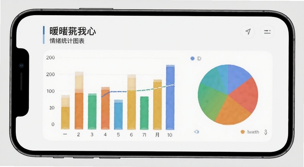 暖暖我心 情绪统计图表界面 浅灰色背景 彩色柱状图与饼图 手机屏幕展示 数据可视化 简洁清新风格