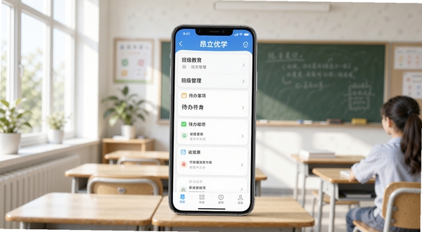昂立优学老师软件主界面展示,画面中央是一部智能手机屏幕,屏幕上显示班级管理列表和待办事项卡片,背景是明亮整洁的教室环境,柔和的自然光线从左侧窗户照入,整体色调清新专业,适合教育类应用宣传图风格