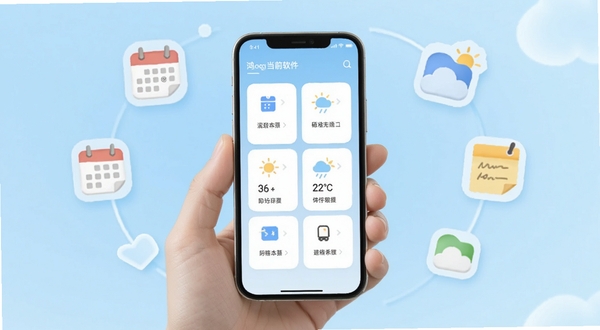 鸿运当前软件主界面展示,画面中央是手机屏幕,屏幕内呈现简洁的卡片式功能布局,背景为柔和的浅蓝色渐变,周围环绕着生活场景小图标如日历、天气、便签,整体风格清新明快,适配Boogu模型生成
