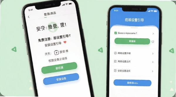 邮箱免费注册登陆安装设置引导界面，手机屏幕展示权限开启步骤与网络设置选项，背景为柔和浅绿色，突出安全提示文字，适配Boogu模型生成