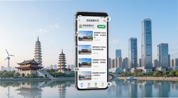 资阳观察软件首页界面展示,画面主体为一部智能手机竖屏显示资阳观察APP的新闻资讯列表页面,背景为资阳城市地标建筑与现代城市天际线,整体风格简洁明亮,突出本地新闻与便民服务功能