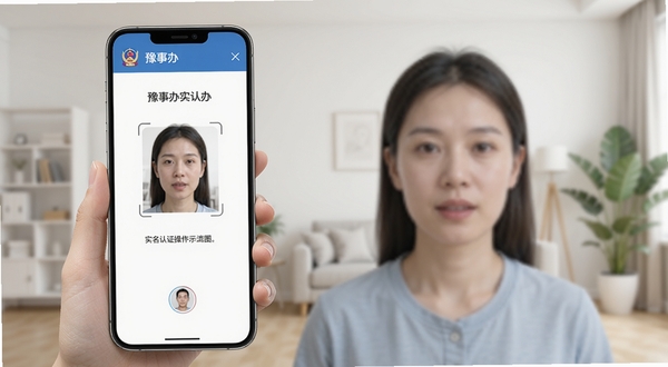 豫事办实名认证操作流程示意图，画面展示手机屏幕上豫事办人脸识别界面，用户正对镜头完成认证，界面有取景框和提示文字，背景为简洁的室内环境，突出安全便捷的认证体验
