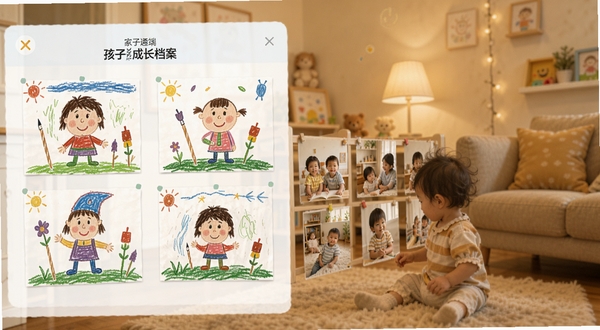 孩子通APP成长档案页面，展示孩子绘画作品和活动照片墙，家长端界面简洁清新，背景为暖色调家庭环境，突出记录成长的温馨感