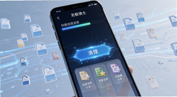 无极侠士智能清理界面,手机屏幕显示扫描进度条与垃圾文件分类图标,背景为蓝色科技光效,画面中央突出清理按钮,四周漂浮微小文件图标,整体风格清爽简洁,高清渲染