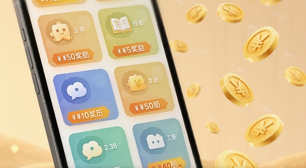 云八赚任务大厅界面特写,手机屏幕中显示多个任务卡片整齐排列,每张卡片带有图标与奖励金额标签,背景为柔和暖色调,画面右侧有金币飘落动效,突出任务丰富感