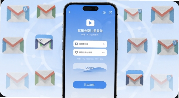 手机屏幕中央展示邮箱免费注册登陆应用主界面，界面简洁清晰，背景为淡蓝色渐变，周围环绕多个邮箱图标与注册登录按钮元素，整体风格现代科技感，适配Boogu模型生成