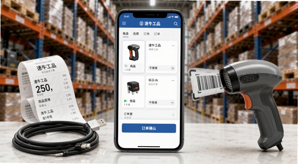 速牛工品移动开单界面,画面中心是手机屏幕显示商品选择与订单确认页面,周围环绕数据线、票据与扫码枪元素,背景为模糊的仓库货架,突出速牛工品在移动办公场景下的便捷性