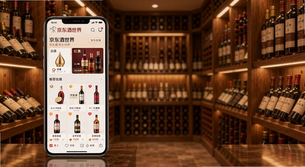 京东酒世界APP首页展示图，画面主体为一部现代智能手机，屏幕显示京东酒世界应用界面，界面中包含白酒、红酒、洋酒等分类入口和推荐酒品卡片，背景为暖色调的酒窖氛围，木质酒架上摆放着各式酒瓶，灯光柔和，整体风格高端大气，适合电商应用展示场景