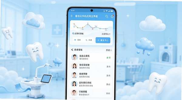 睿齿云手机应用主界面展示，画面中央是一部竖屏安卓手机，屏幕内呈现齿科预约看板与患者列表，背景为浅蓝色渐变医疗风格，四周点缀牙齿图标与云朵元素，整体简洁明亮，适配Boogu模型生成