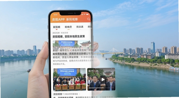 资阳观察APP新闻详情页场景,手机屏幕显示一篇关于资阳本地民生政策的新闻报道,页面排版清晰,配有现场图片与视频播放按钮,背景为资阳沱江两岸风光,画面明亮现代