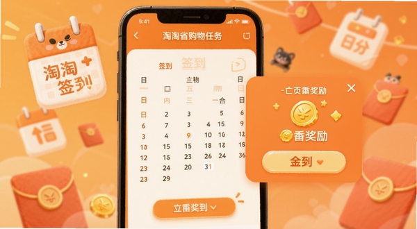 淘淘省钱购物签到任务页面，手机屏幕显示签到日历和金币奖励弹窗，背景有日历图标和红包元素，暖橙色系，氛围轻松