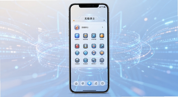 无极侠士软件主界面全貌展示,画面中央为软件功能面板与图标排列,背景为浅色渐变科技风格,四周环绕数据流光线条,整体构图居中对称,适配手机屏幕比例,高清细节,明亮通透