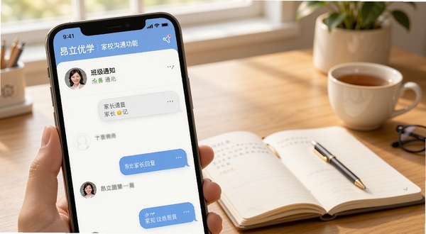 昂立优学老师家校沟通功能界面,画面展示手机屏幕上的消息列表,左侧是老师头像和班级通知卡片,右侧是家长回复气泡,背景是温馨的书桌场景,有笔记本和茶杯点缀,整体氛围亲切自然