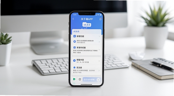 孩子通APP更新日志界面展示版本迭代记录，手机屏幕中显示v6.8.6新增功能和修复内容列表，背景为简洁的办公桌面，突出软件持续优化的专业感