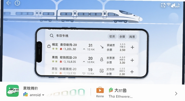 高铁火车票查询软件主界面全貌，画面中央为手机屏幕展示车次列表与余票信息，背景区域为柔和蓝白色渐变，顶部有高铁列车剪影，整体风格简洁现代，适配安卓应用商店展示图，高清细节，横版构图