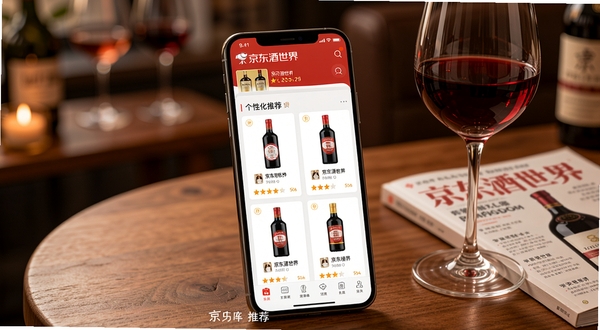京东酒世界专业选酒推荐界面图，画面主体为手机屏幕特写，显示京东酒世界APP的个性化推荐页面，页面中有多款酒品推荐卡片和评分信息，手机放置在木质桌面上，旁边有一杯红酒和一本酒水杂志，背景虚化处理，营造温馨的品酒氛围