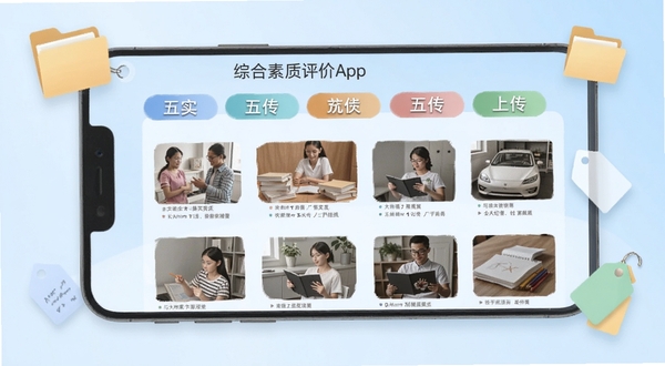 综合素质评价App中写实记录页面的手机界面截图风格，屏幕显示五大维度分类标签与已上传的材料缩略图，背景为浅蓝色渐变，点缀有文件夹与标签元素，画面干净整洁。