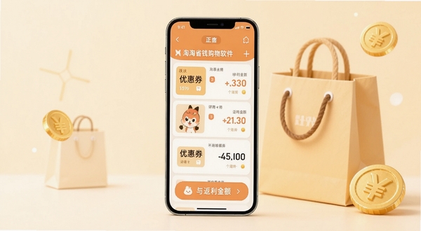 淘淘省钱购物软件主界面展示，手机屏幕居中显示优惠券列表与返利金额，背景为浅暖色调的购物袋与金币元素，整体风格清爽简约，适配Boogu模型生成