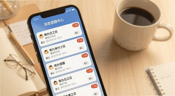 综合素质评价App消息提醒中心界面，手机屏幕显示多条待办提醒卡片，包含截止日期与红色角标，背景为柔和暖色调，桌面有笔记本与咖啡杯，营造学习规划氛围。