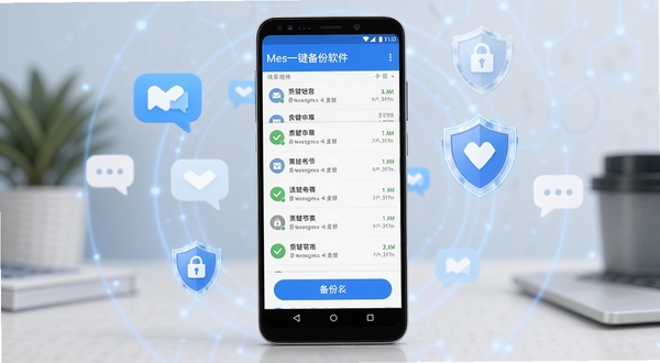 画面中央一部安卓手机屏幕显示短信一键备份软件主界面,界面中排列着短信列表和备份按钮,背景为柔和的蓝白渐变色调,周围环绕着漂浮的短信气泡图标和盾牌安全符号,整体风格简洁科技感,适合软件下载站展示