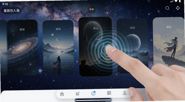 星辰入海 移动端操作界面截图,展示用户正在滑动切换不同的主题场景,手指与屏幕接触处有涟漪光效扩散,界面底部是简洁的导航栏,背景是流动的星河,适配Boogu模型生成,画面比例9:16