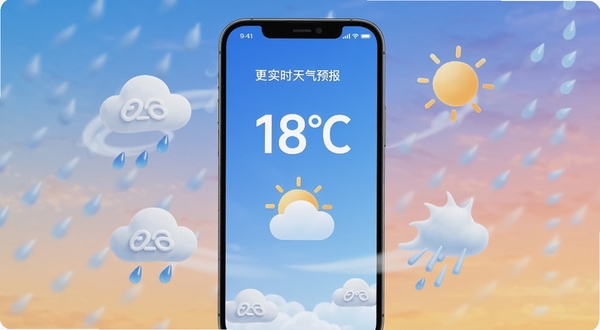 更云天气预报实时天气推送界面，手机屏幕显示温度数字与天气图标，周围环绕云朵、雨滴、太阳等气象元素，背景为渐变色天空，画面风格简洁现代，突出更云天气预报精准推送功能