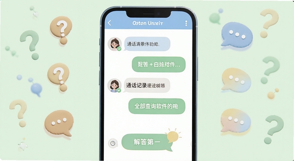 通话记录全部查询软件问答界面示意图，画面中央是手机屏幕，屏幕内以气泡对话形式展示用户提问和解答内容，背景为柔和的浅绿色，周围点缀问号和对话气泡图标，整体风格亲切易懂，突出用户互动场景