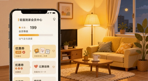 轻喜到家会员中心页面图,画面主体为手机屏幕展示会员等级进度与优惠券列表,背景区域为温馨家居一角,暖黄色灯光,扁平插画风格,传递实惠与贴心感