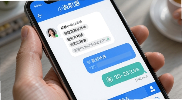 小渔职通 聊天沟通界面 求职者与招聘方对话 手机屏幕特写 招聘岗位详情 薪资待遇显示 即时消息气泡 蓝白配色 简洁聊天界面