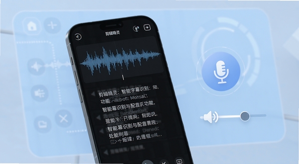 剪辑精灵智能字幕识别与配音功能界面图,画面中手机屏幕显示语音波形与自动生成的字幕文本,旁边有麦克风图标和音量调节滑块,背景为淡蓝色科技感界面,突出剪辑精灵字幕功能