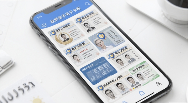 政务助手电子证照卡包界面,手机屏幕内展示多张电子证件卡片整齐排列,带有盾牌安全标识,背景为简洁的白色办公桌面,光线明亮