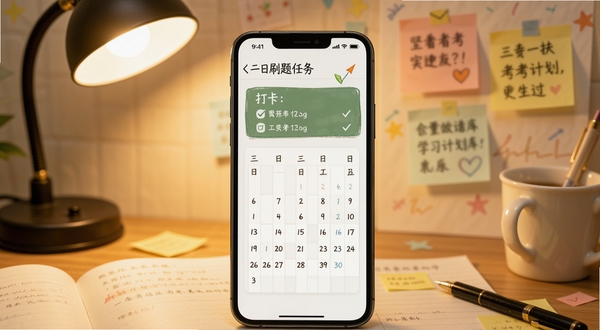 三支一扶考试题库学习计划界面，画面中央为手机屏幕显示每日刷题任务与打卡日历，背景区域为书桌台灯与便签纸，风格温馨励志，突出坚持备考的主题