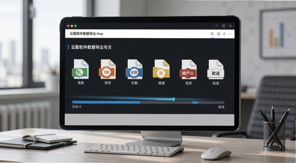云勘软件数据导出界面，展示多种文件格式图标与导出进度条，背景为办公桌面环境，画面风格简洁商务