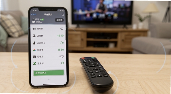 电视机遥控器手机端操作界面截图，展示设备搜索列表和连接状态，手机旁边放着原装电视遥控器作为对比，背景为居家客厅，画面清晰展示软件操作流程，突出移动端使用攻略主题
