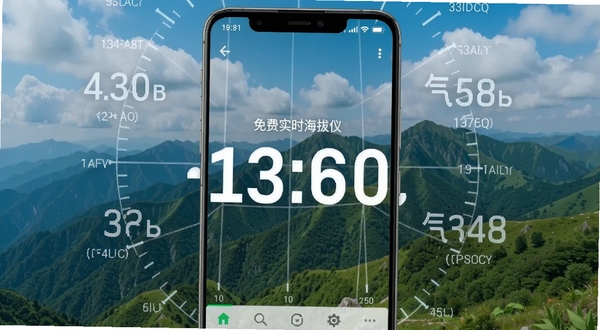 一款名为免费实时海拔仪的安卓手机应用主界面展示,画面中央是醒目的海拔高度数字显示,背景是连绵的青山和蓝天白云,手机屏幕清晰锐利,周围有淡淡的经纬度坐标和气压数值浮动,整体风格清爽科技感,适配Boogu模型生成