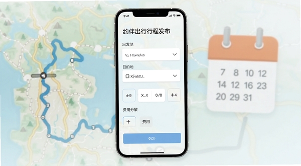 约伴出行行程发布页面,手机界面展示出发地与目的地输入框、时间选择器与费用分摊选项,背景为旅行路线图与日历图标,简洁商务风格