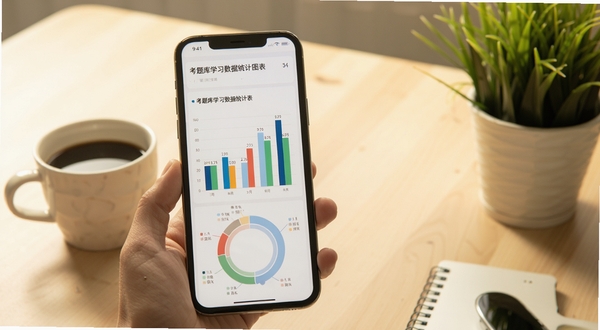考题库学习数据统计图表界面,手机屏幕展示柱状图与环形图,背景为简约办公桌面,有咖啡杯和绿植,色调温暖,突出数据可视化效果