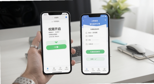 司机管家APP新手设置引导页面,手机屏幕显示权限开启与车辆信息填写步骤,背景为简洁的办公桌面,画面清晰展示操作流程