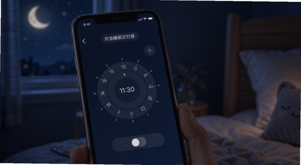 欢渝睡眠定时器设置界面，手机屏幕显示时间轮盘与淡出效果开关，背景为夜间模式深蓝色调，画面安静舒适