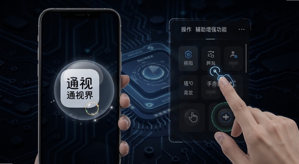 通视界操作辅助增强功能界面，展示悬浮球与手势设置面板，手机屏幕上有通视界图标，背景为深色科技风格，突出便捷操作
